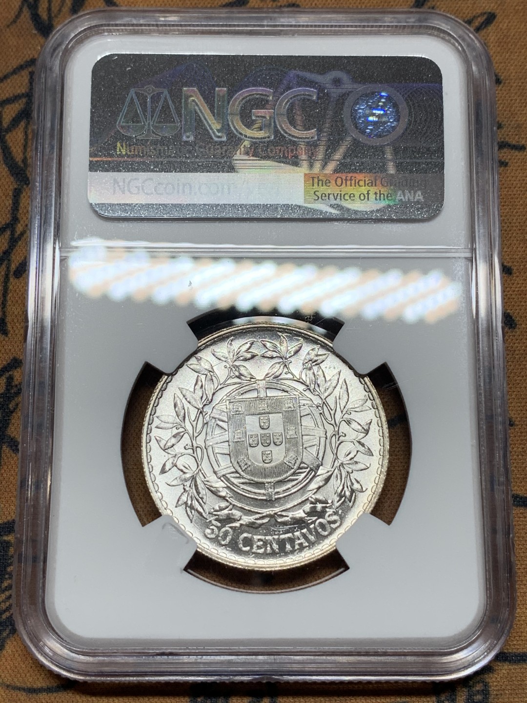 《竞宝斋》第115场-周日，周一 ，2场连拍（全场包邮） NGC-MS63 葡萄牙1916年 自由女神头像 50分银币 原光好品