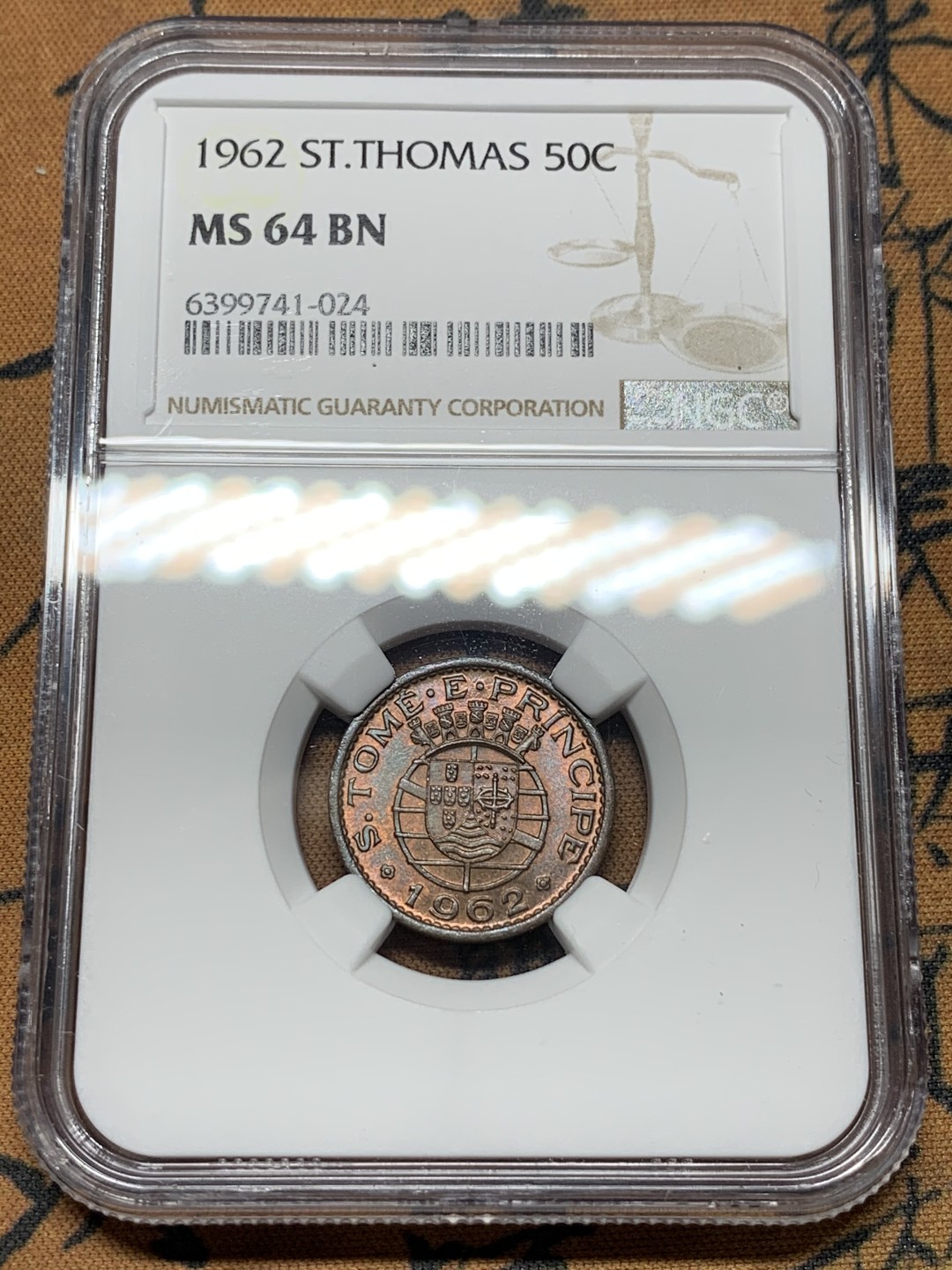 《竞宝斋》第115场-周日，周一 ，2场连拍（全场包邮） NGC MS64BN 葡属圣多美和普林西比1962年50分铜币