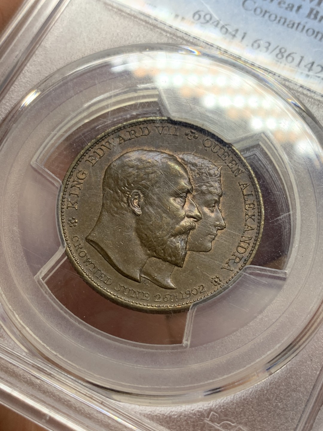 《竞宝斋》第115场-周日，周一 ，2场连拍（全场包邮） PCGS MS63RB 英国 1902年 爱德华七世 登基 纪念 铜章 少见品种 背面徽章丰富