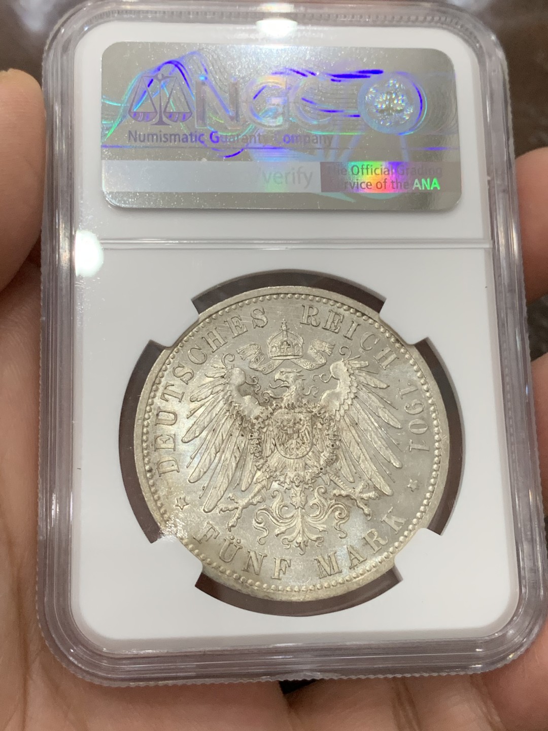 《竞宝斋》第115场-周日，周一 ，2场连拍（全场包邮） NGC-MS61 德国 1901年 普鲁士200周年纪念 5马克 银币 类镜面底板 光泽饱满