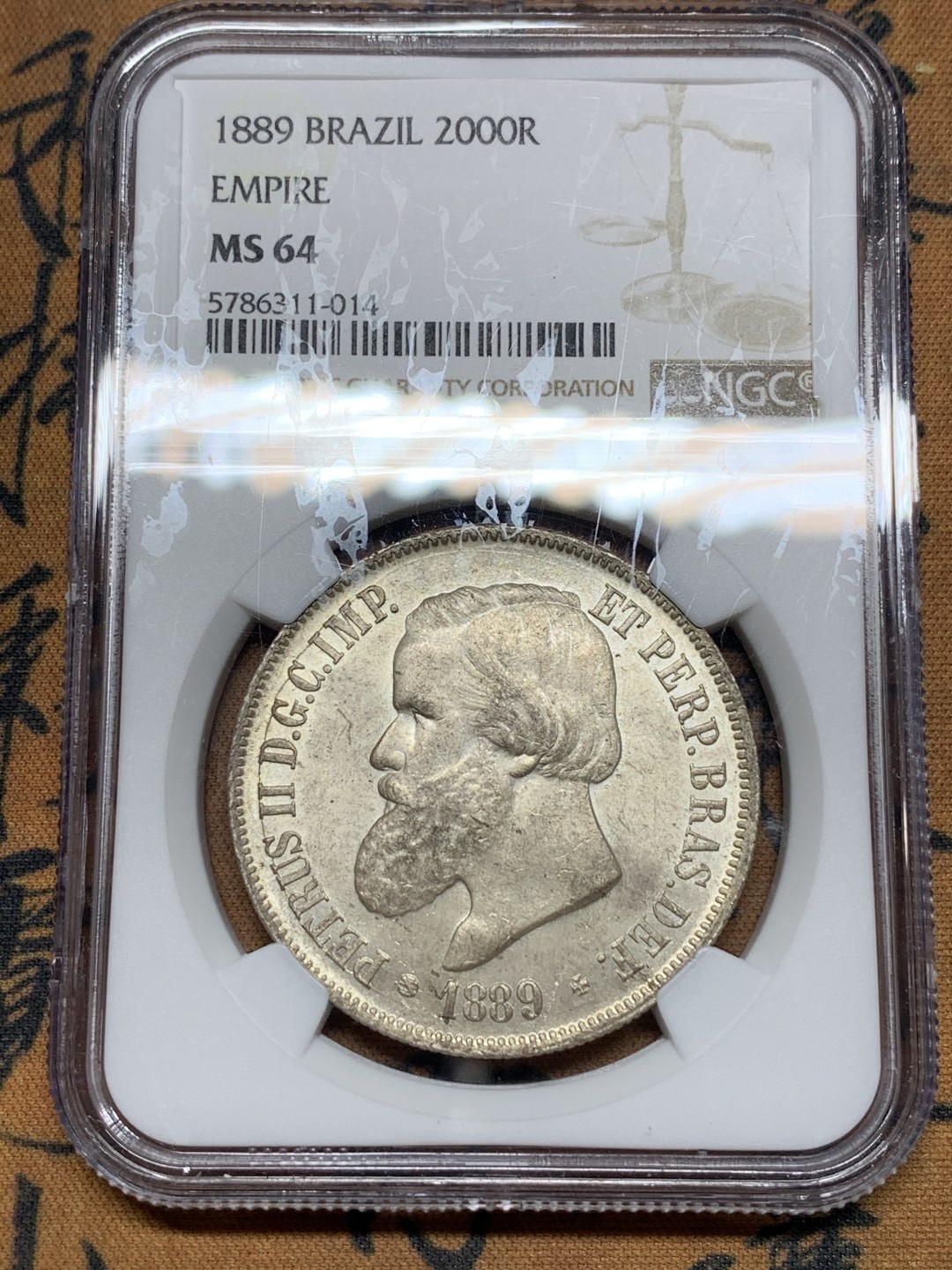 《竞宝斋》第115场-周日，周一 ，2场连拍（全场包邮） NGC-MS64 巴西1889年 佩德罗二世 2000R大银币 粉光 顶级状态