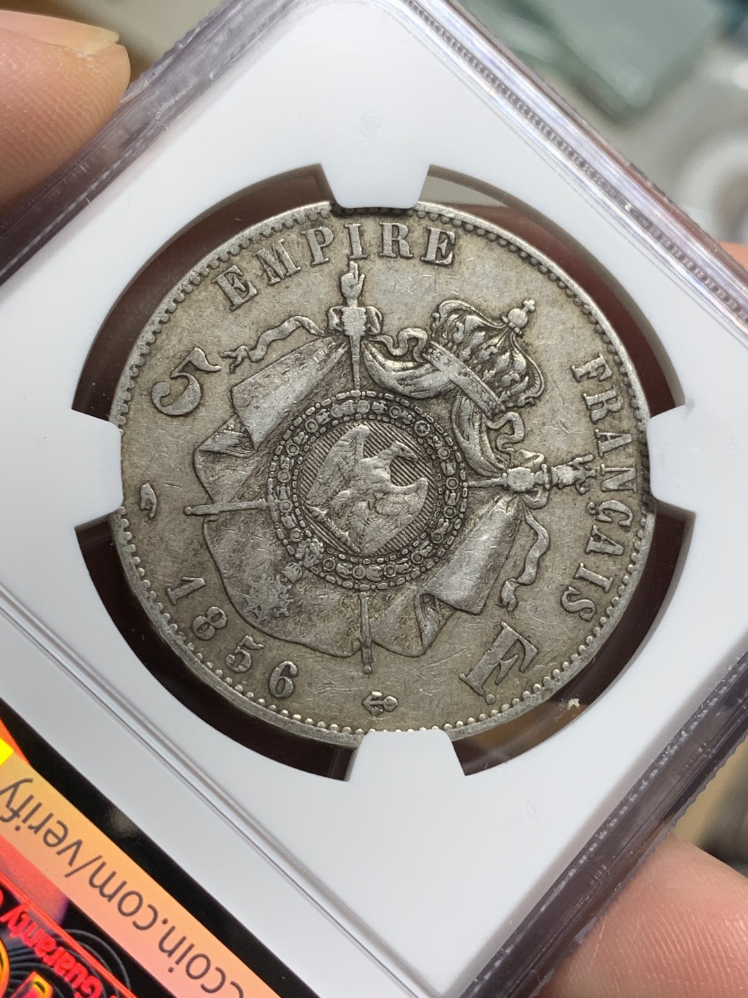 《竞宝斋》第115场-周日，周一 ，2场连拍（全场包邮） NGC-XF45 法国拿三光头 1856年 5法郎大银币 原味好品 这个品种有这个分数已经非常难得