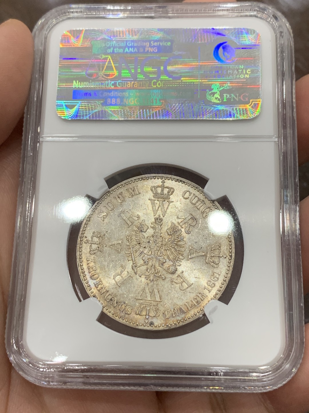 《竞宝斋》第115场-周日，周一 ，2场连拍（全场包邮） NGC MS-62 德国普鲁士 1861年 登基毛衣泰勒 银币