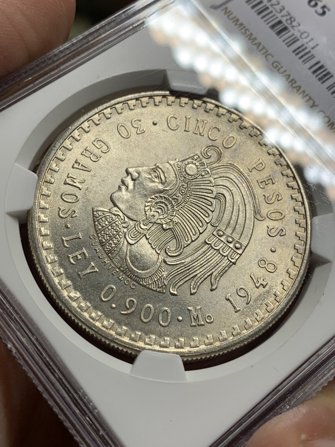 《竞宝斋》第115场-周日，周一 ，2场连拍（全场包邮） NGC-MS65 墨西哥1948年 印第安人5比索大银币 顶级好品