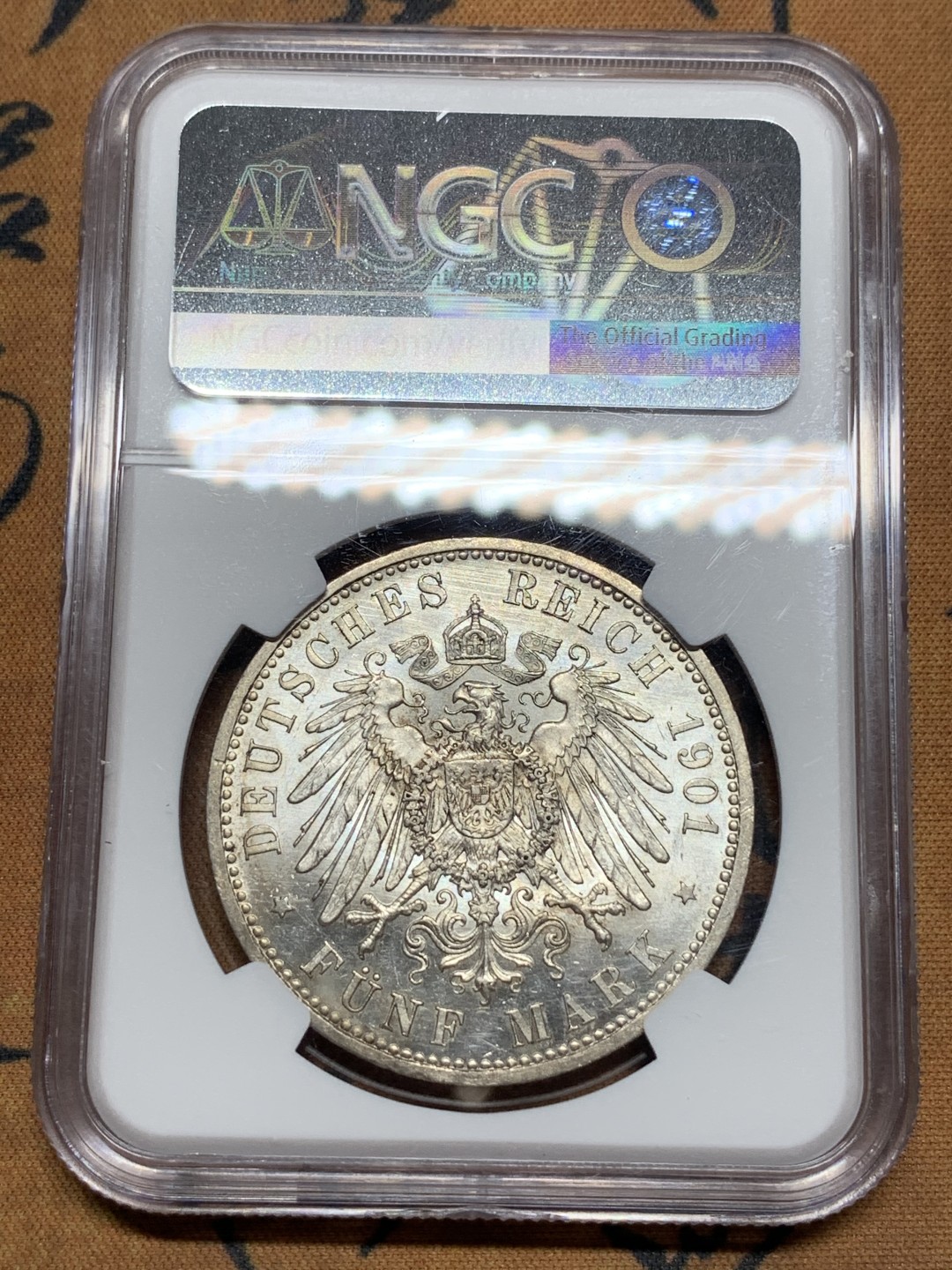 《竞宝斋》第115场-周日，周一 ，2场连拍（全场包邮） NGC-MS61 德国 1901年 普鲁士200周年纪念 5马克 银币 类镜面底板 光泽饱满