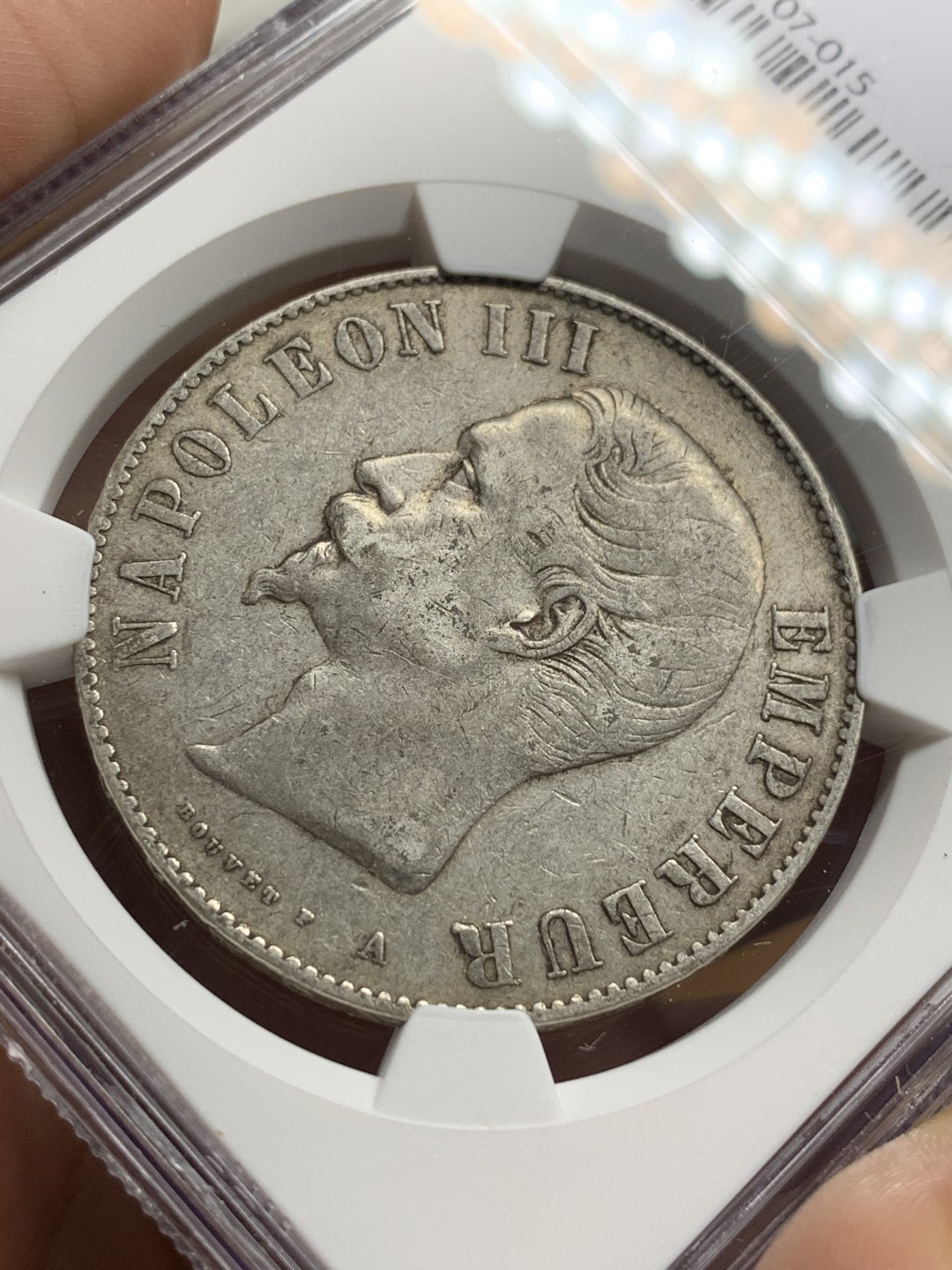 《竞宝斋》第115场-周日，周一 ，2场连拍（全场包邮） NGC-XF45 法国拿三光头 1856年 5法郎大银币 原味好品 这个品种有这个分数已经非常难得