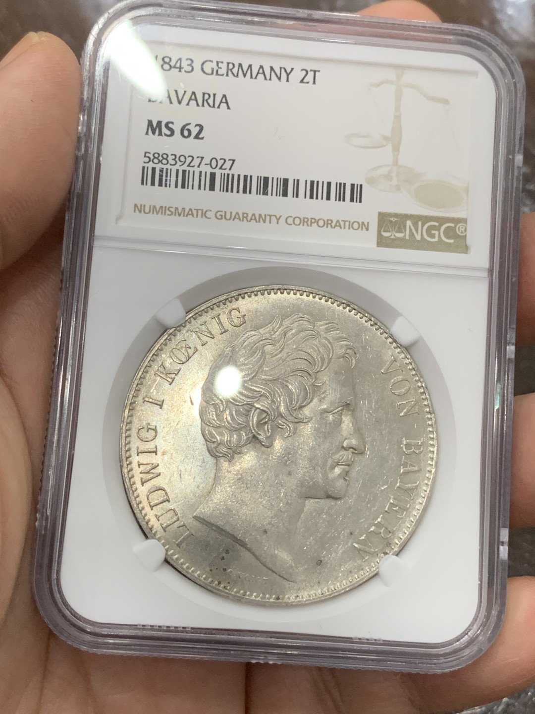 《竞宝斋》第115场-周日，周一 ，2场连拍（全场包邮） NGC-MS62德国 1843年 2泰勒 巴伐利亚路德维希一世 银币  流通版2泰勒好品难得 ms品相仅个位数
