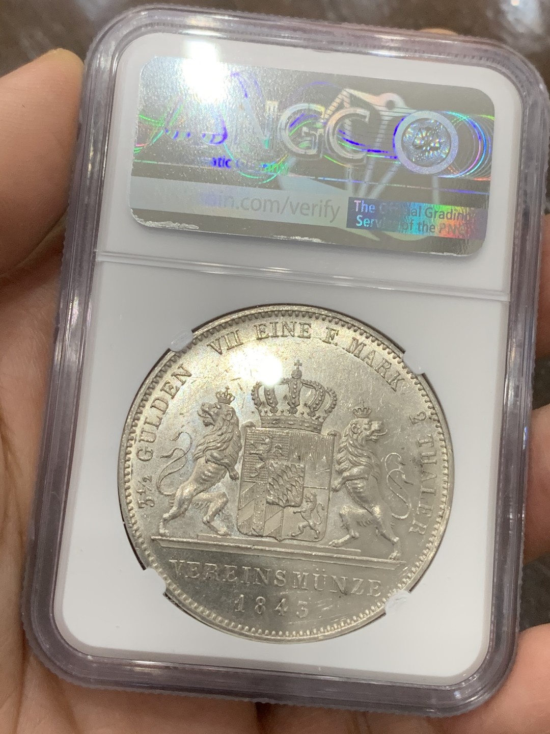 《竞宝斋》第115场-周日，周一 ，2场连拍（全场包邮） NGC-MS62德国 1843年 2泰勒 巴伐利亚路德维希一世 银币  流通版2泰勒好品难得 ms品相仅个位数