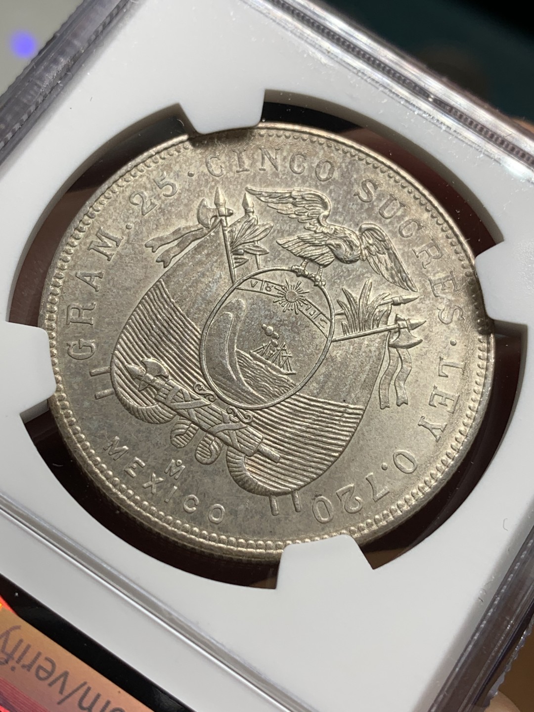 《竞宝斋》第115场-周日，周一 ，2场连拍（全场包邮） NGC-MS61 厄瓜多尔1944年 5苏克雷大银币 南美系暴涨品种