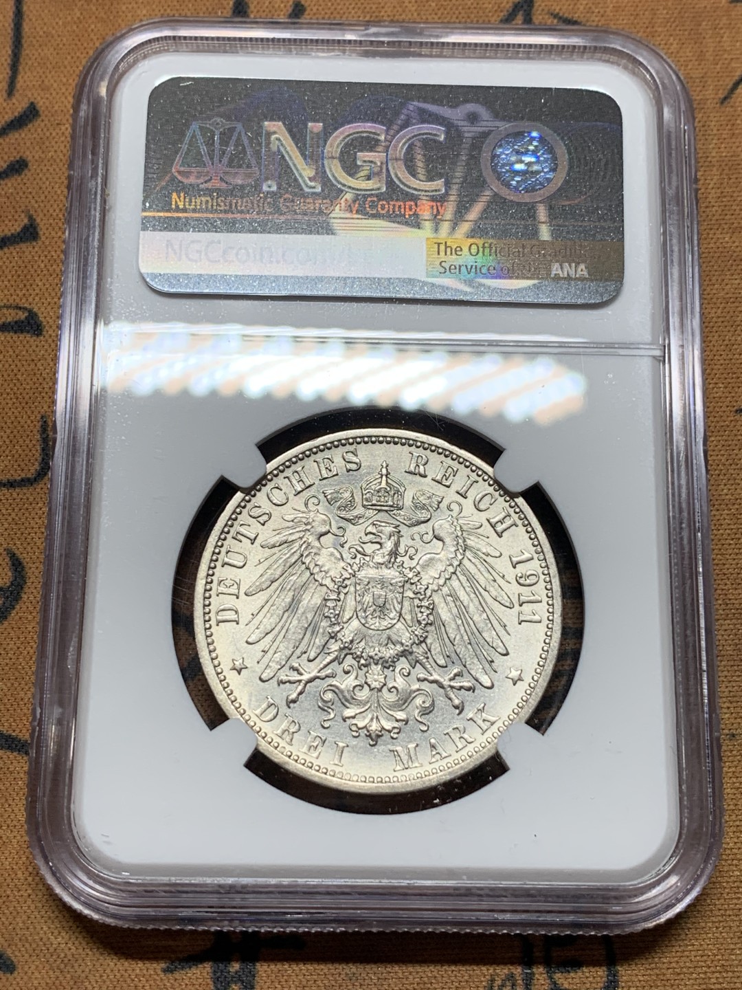 《竞宝斋》第115场-周日，周一 ，2场连拍（全场包邮） NGC-MS63 德国符腾堡 1911年 金婚3马克 大银币 非常漂亮