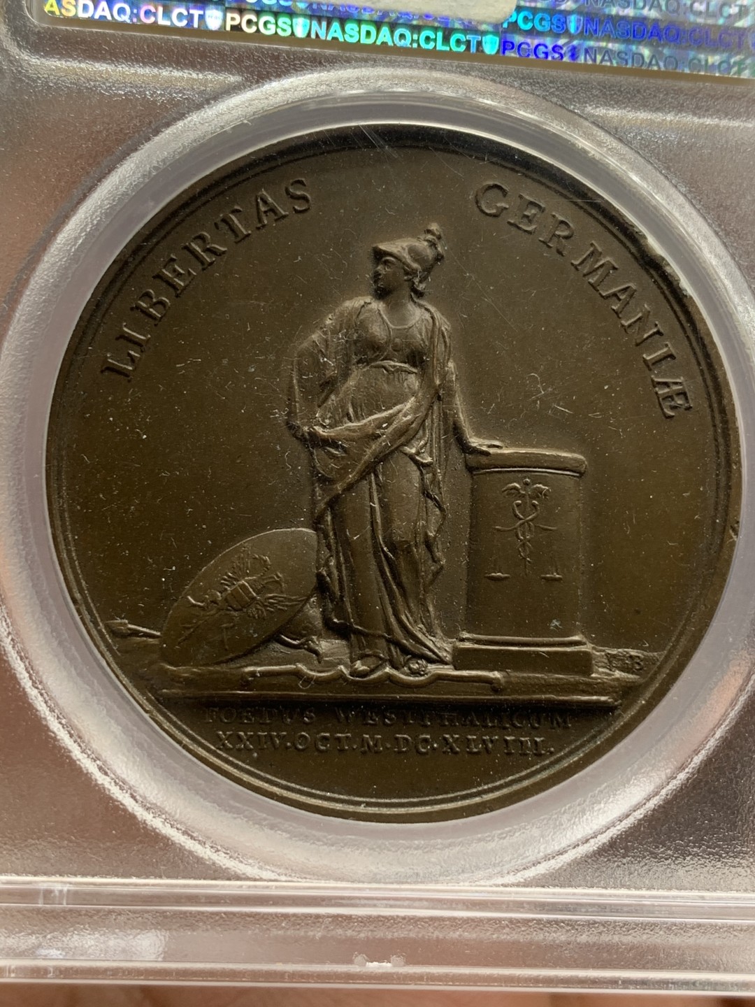 《竞宝斋》第115场-周日，周一 ，2场连拍（全场包邮） PCGS UNC 法国 1648年 路易十四 小孩头 法国战胜巴伐利亚 纪念铜章 加厚盒装 细节精制 难得