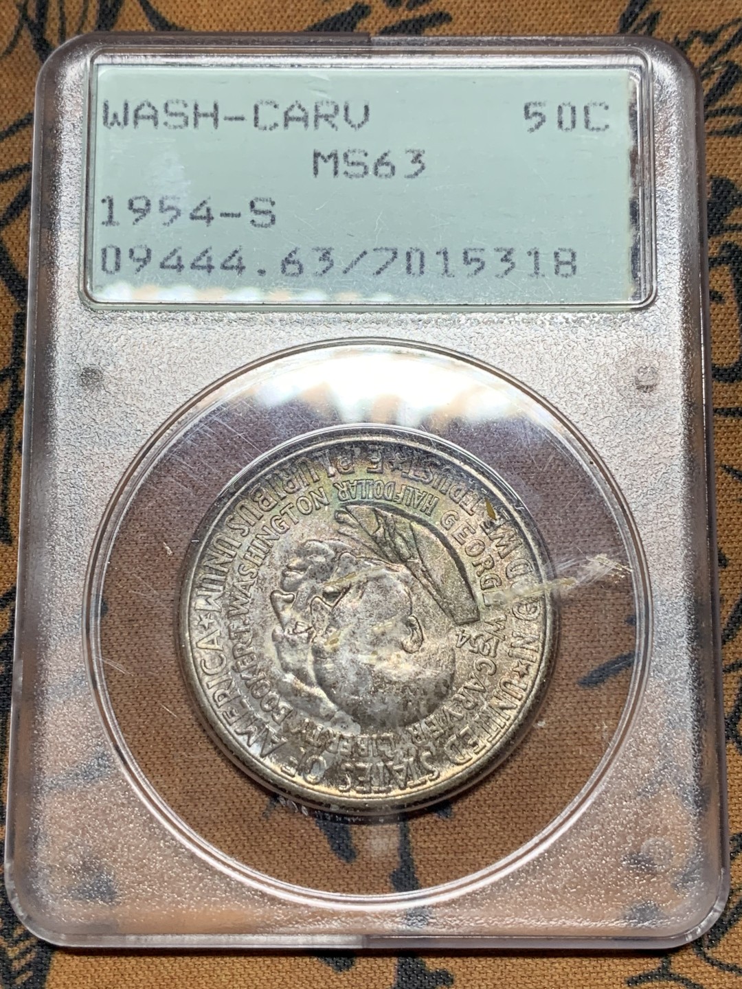 《竞宝斋》第115场-周日，周一 ，2场连拍（全场包邮） PCGS-MS63 美国 1954年两位华盛顿半圆银币，淡彩包浆十分漂亮，PCGS经典摇摇盒十分难得