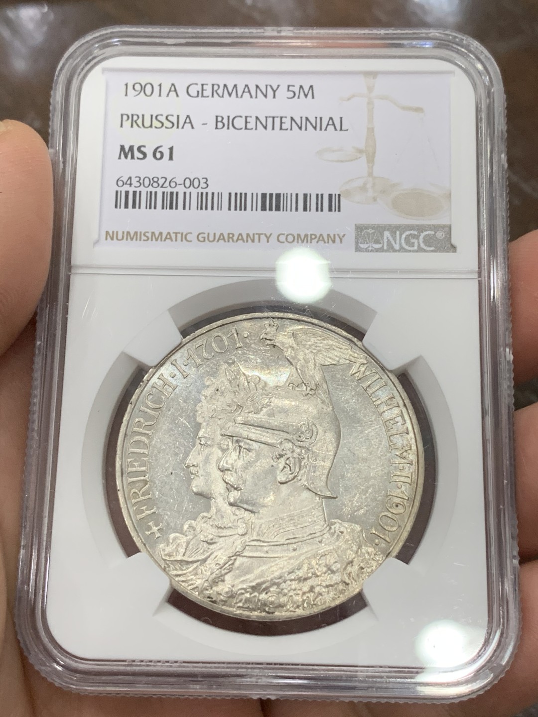 《竞宝斋》第115场-周日，周一 ，2场连拍（全场包邮） NGC-MS61 德国 1901年 普鲁士200周年纪念 5马克 银币 类镜面底板 光泽饱满