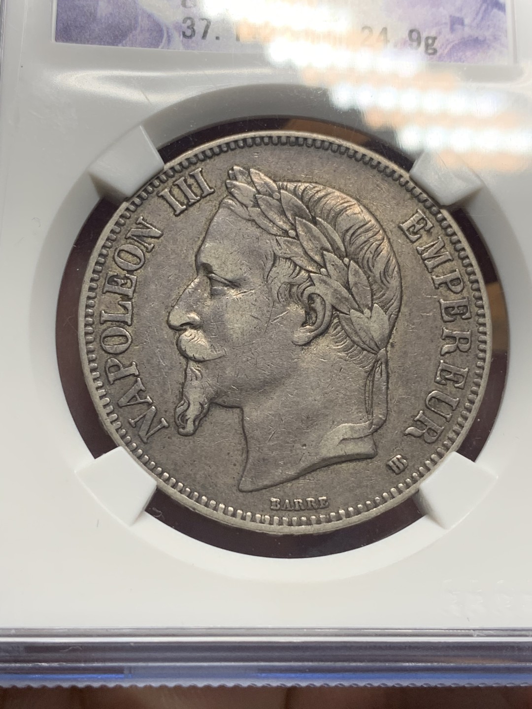 《竞宝斋》第115场-周日，周一 ，2场连拍（全场包邮） 公博 老盒 法国 1868年 拿三 5法郎银币