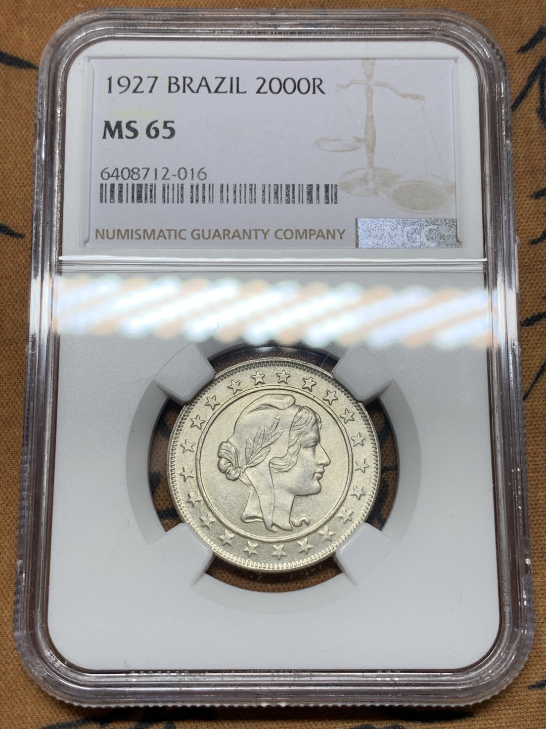 《竞宝斋》第115场-周日，周一 ，2场连拍（全场包邮） NGC-MS65 巴西 1927年 女神头像 2000R银币 顶级品相