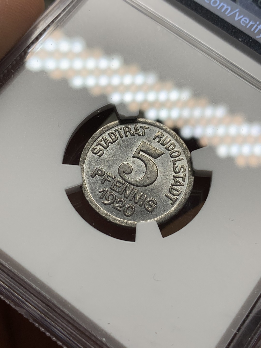 《竞宝斋》第115场-周日，周一 ，2场连拍（全场包邮） NGC MS63 1920年 德国 德紧鲁多尔施塔特5芬尼铁币