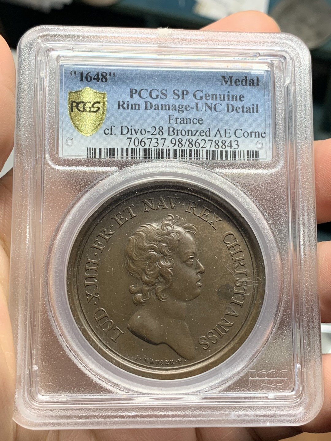 《竞宝斋》第115场-周日，周一 ，2场连拍（全场包邮） PCGS UNC 法国 1648年 路易十四 小孩头 法国战胜巴伐利亚 纪念铜章 加厚盒装 细节精制 难得