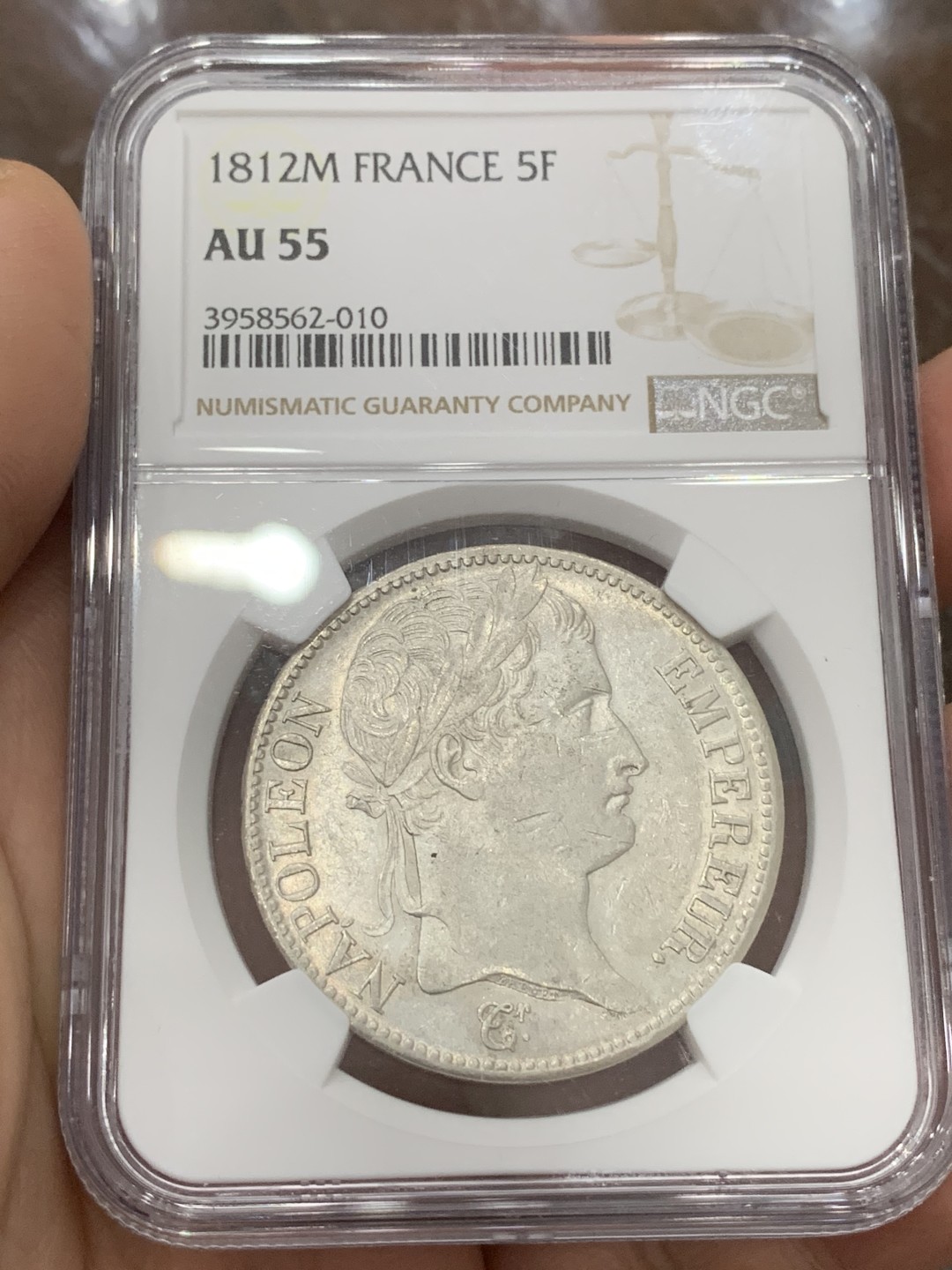 《竞宝斋》第115场-周日，周一 ，2场连拍（全场包邮） NGC AU55 法国1812年拿破仑一世5法郎大银币少见M厂 年份也少 光度十足