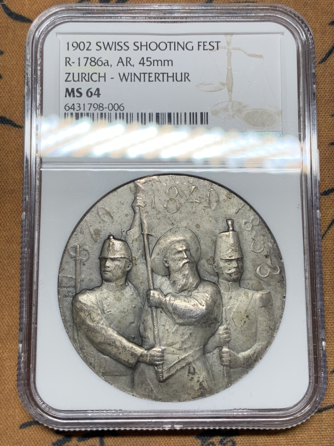 《竞宝斋》第115场-周日，周一 ，2场连拍（全场包邮） NGC MS64 1902年瑞士苏黎世射击节银章，稀少热门品种，高分品质
