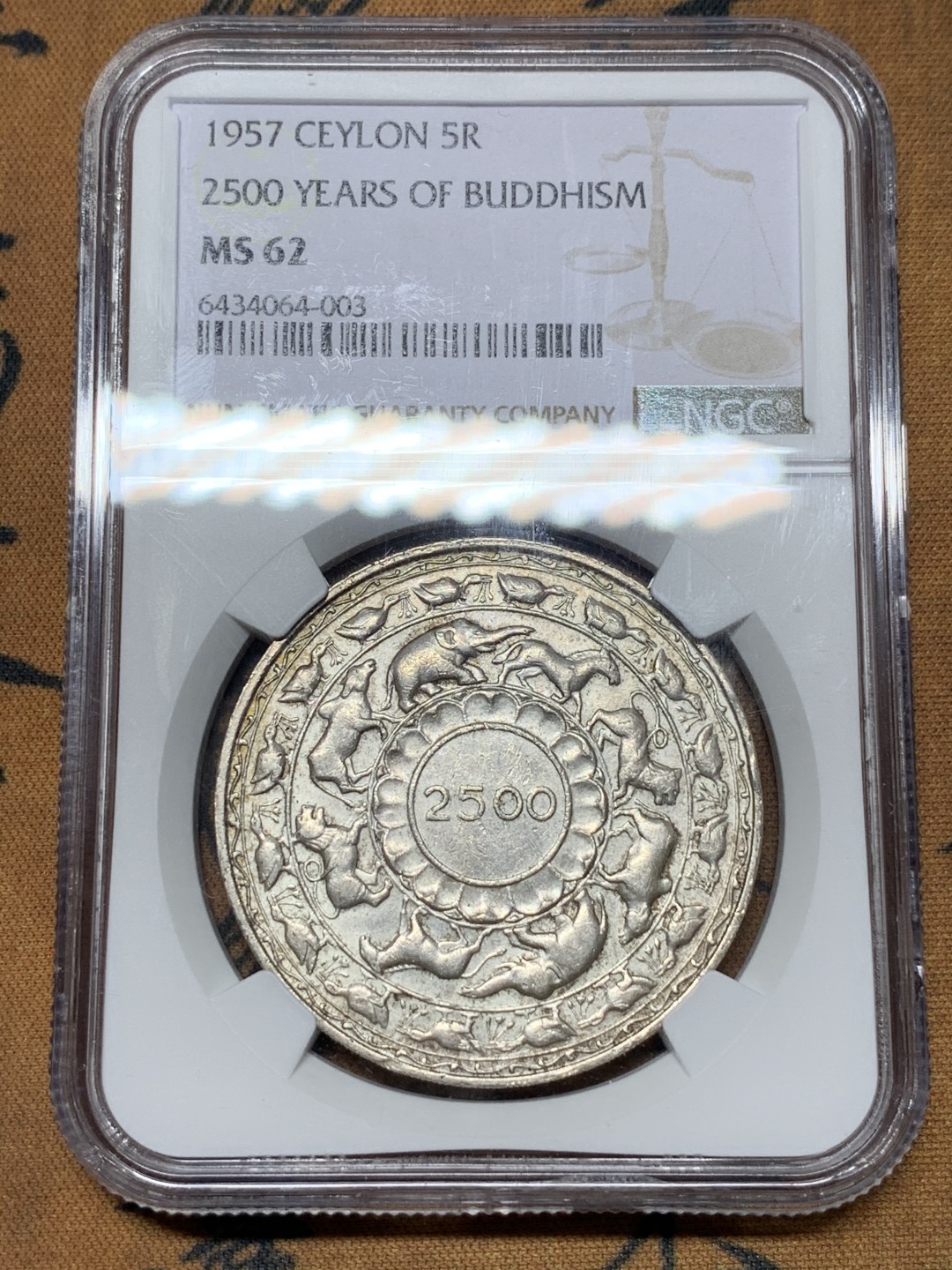 《竞宝斋》第115场-周日，周一 ，2场连拍（全场包邮） NGC-MS62 锡兰 1957年佛教2500年5卢比纪念银币 近期大热品种