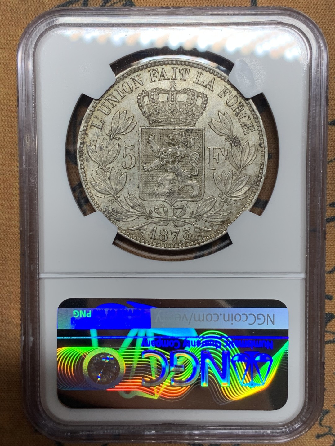 《竞宝斋》第115场-周日，周一 ，2场连拍（全场包邮） NGC-AU58 比利时1873年 利奥波德二世 5法郎大银币 原味老包浆