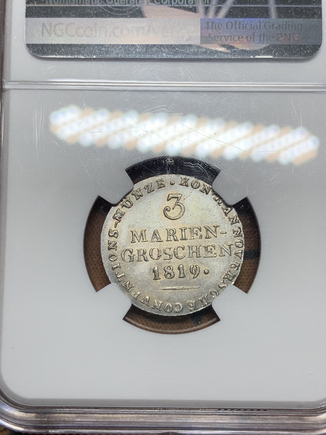 《竞宝斋》第115场-周日，周一 ，2场连拍（全场包邮） NGC-MS64 冠军分！ 德国 1819年 汉诺威 飞马 3格罗申银币 转光强 一步到位的品相！ 这种顶级品相越来越少见到了