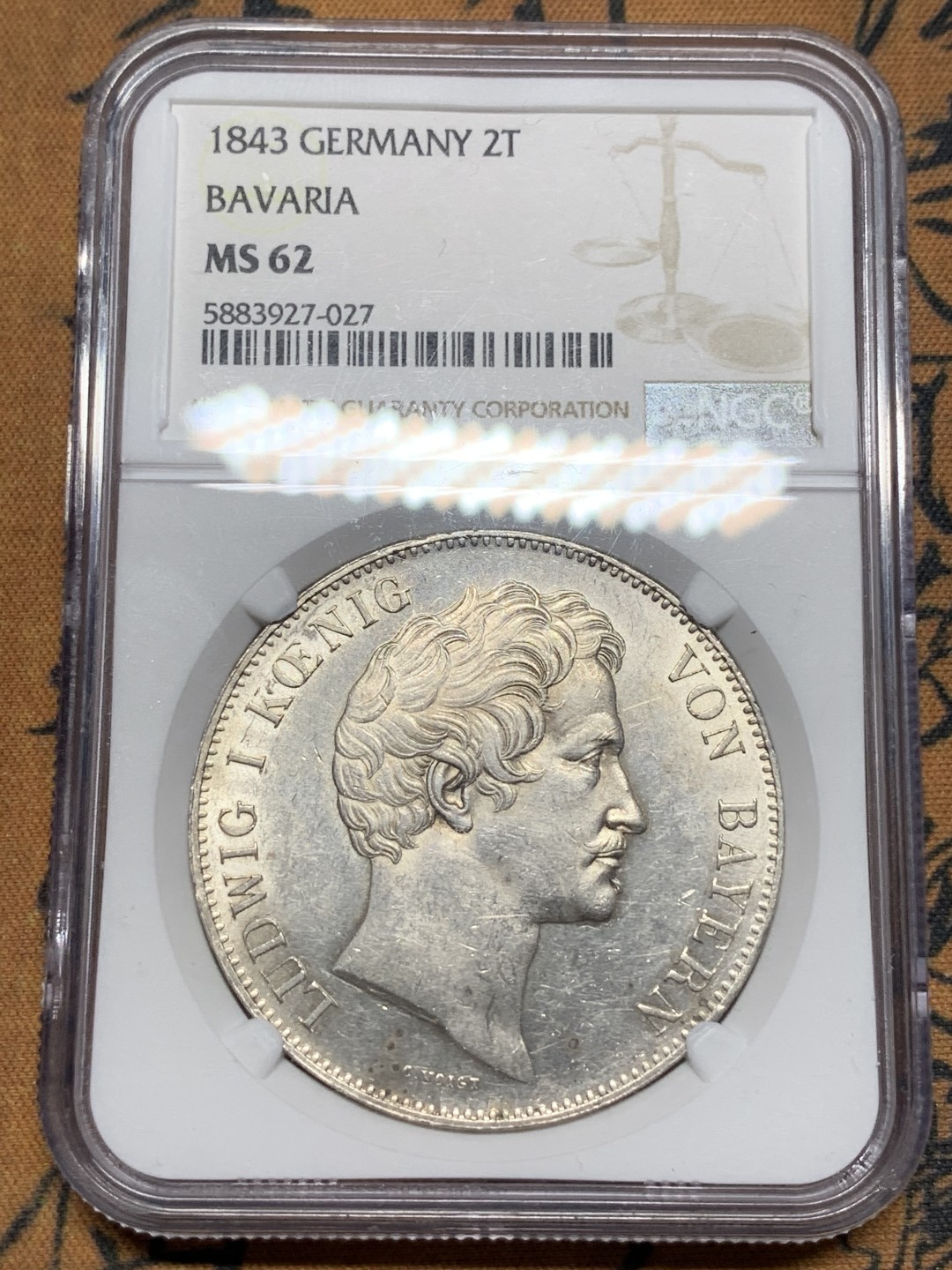 《竞宝斋》第115场-周日，周一 ，2场连拍（全场包邮） NGC-MS62德国 1843年 2泰勒 巴伐利亚路德维希一世 银币  流通版2泰勒好品难得 ms品相仅个位数