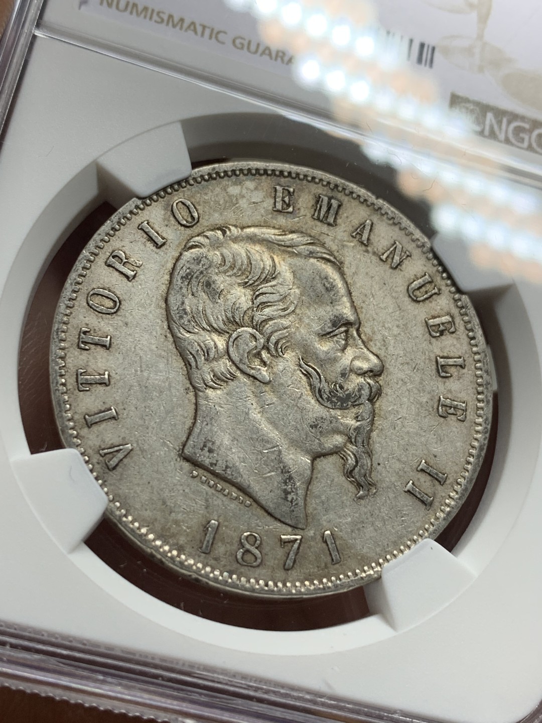 《竞宝斋》第115场-周日，周一 ，2场连拍（全场包邮） NGC-AU50 意大利1871年 艾曼纽尔二世 5里拉大银币 原味好品