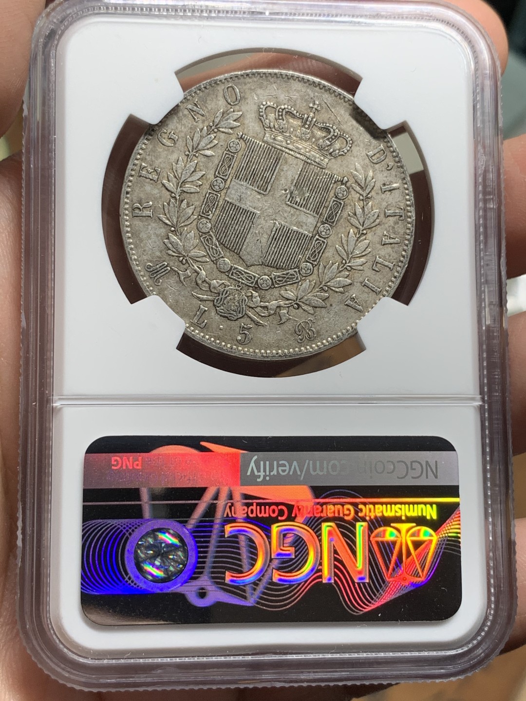 《竞宝斋》第115场-周日，周一 ，2场连拍（全场包邮） NGC-AU50 意大利1871年 艾曼纽尔二世 5里拉大银币 原味好品