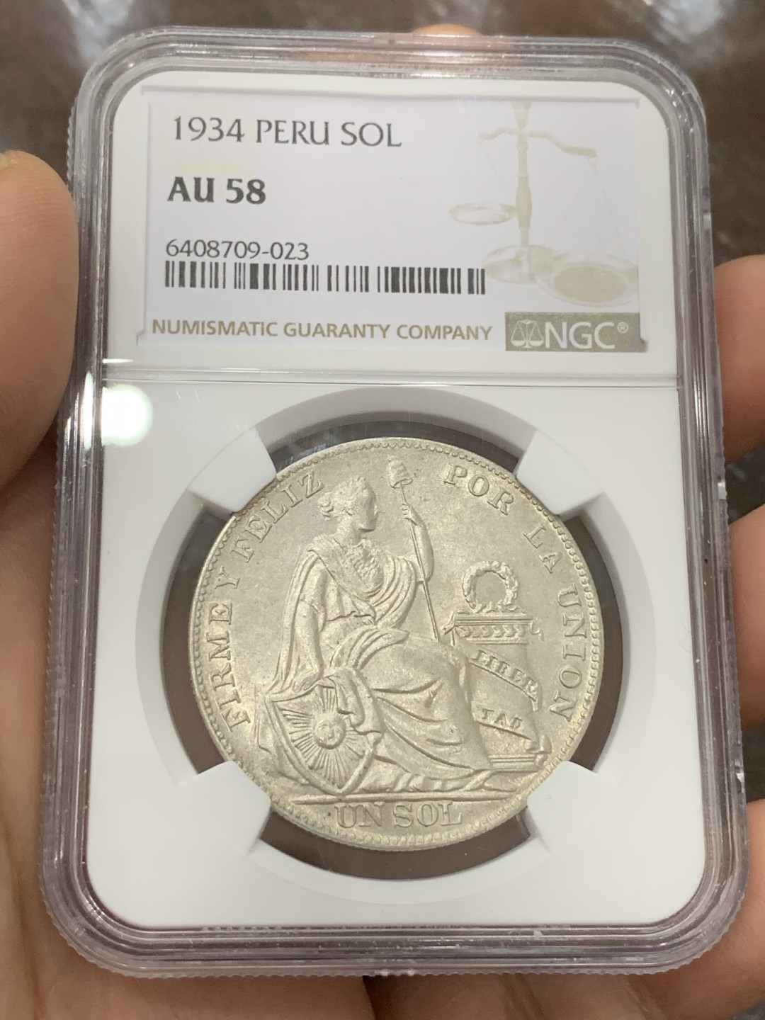 《竞宝斋》第115场-周日，周一 ，2场连拍（全场包邮） NGC-AU58 秘鲁1934年 坐人1索尔大银币 少见品种 低评