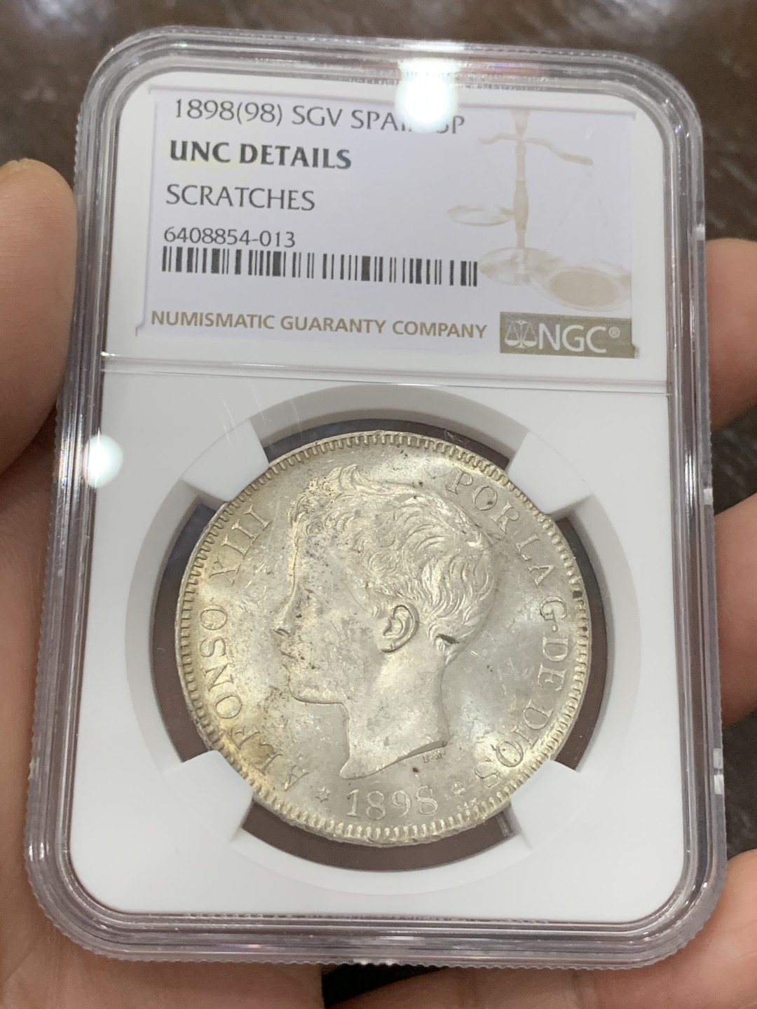 《竞宝斋》第115场-周日，周一 ，2场连拍（全场包邮） NGC UNCD 西班牙1898年双柱5比塞塔大银币