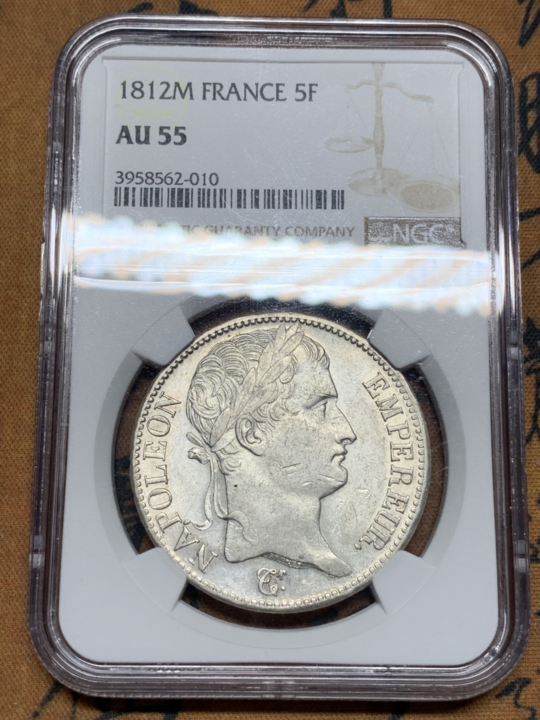 《竞宝斋》第115场-周日，周一 ，2场连拍（全场包邮） NGC AU55 法国1812年拿破仑一世5法郎大银币少见M厂 年份也少 光度十足