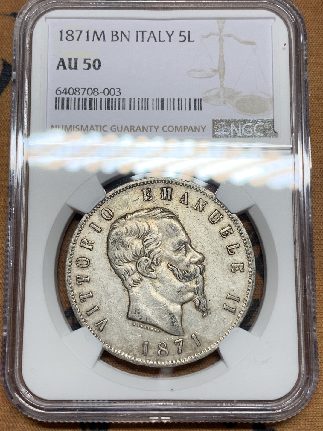 《竞宝斋》第115场-周日，周一 ，2场连拍（全场包邮） NGC-AU50 意大利1871年 艾曼纽尔二世 5里拉大银币 原味好品