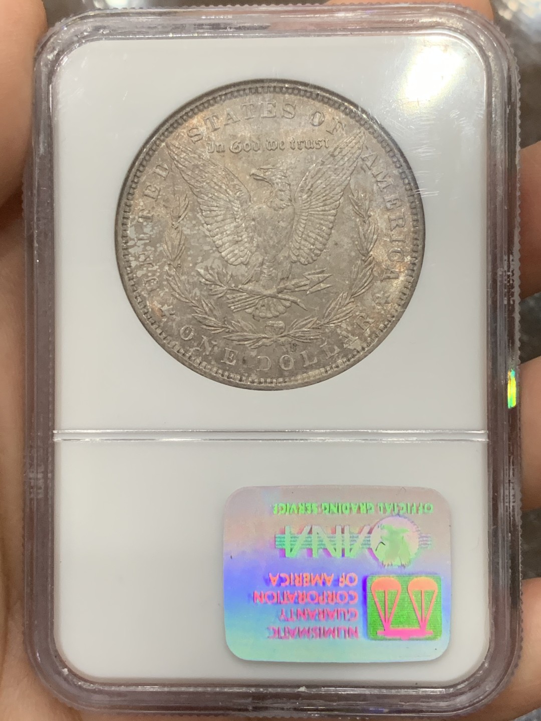 《竞宝斋》第115场-周日，周一 ，2场连拍（全场包邮） NGC-MS65 美国 1886年 摩根银币 NGC 老盒 女神面橘红色满彩 单一纯色 鹰面灰红色满彩