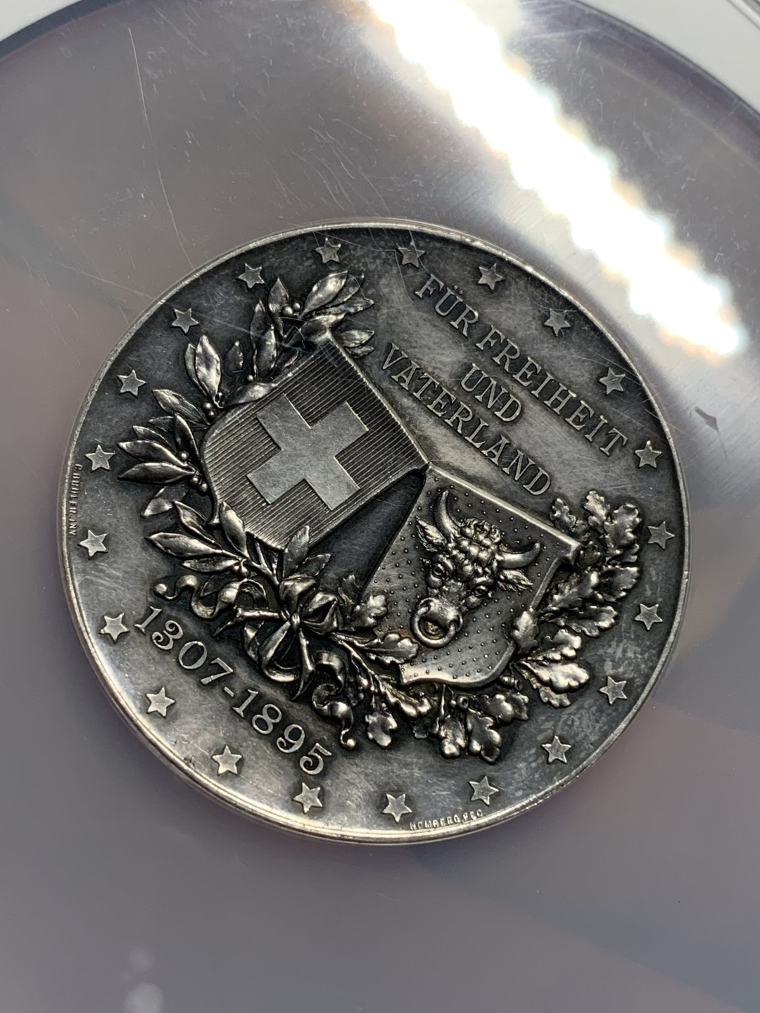 《竞宝斋》第115场-周日，周一 ，2场连拍（全场包邮） NGC UNC 1895年瑞士乌里州射击节大银章，50MM，厚重高浮雕，NGC大盒子,少见品种