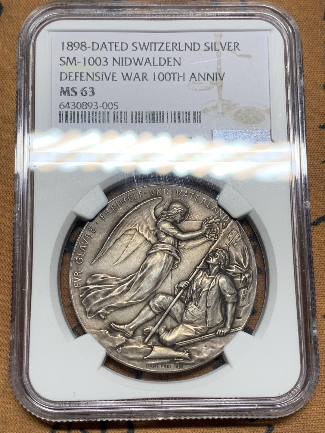 《竞宝斋》第115场-周日，周一 ，2场连拍（全场包邮） NGC MS63 1898年瑞士尼德瓦尔登战役百年纪念银章 磨砂精铸 顶级品相状态