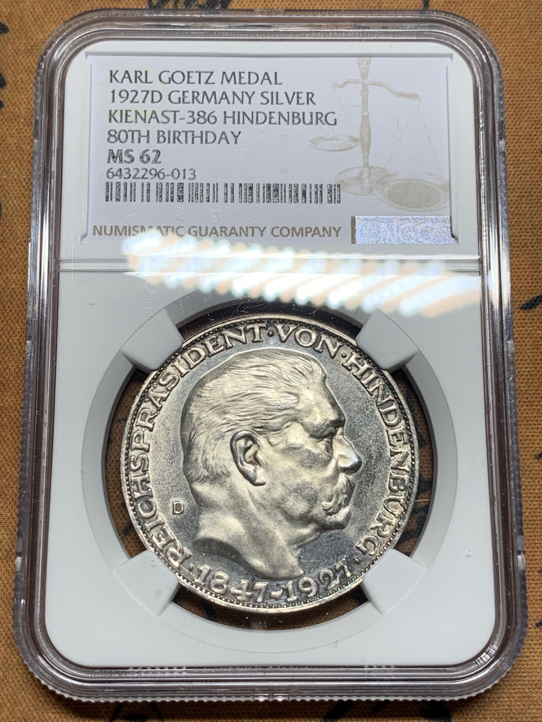 《竞宝斋》第115场-周日，周一 ，2场连拍（全场包邮） NGC-MS62 德国1927年兴登堡80大寿银章 深彩包浆 厚重而美丽