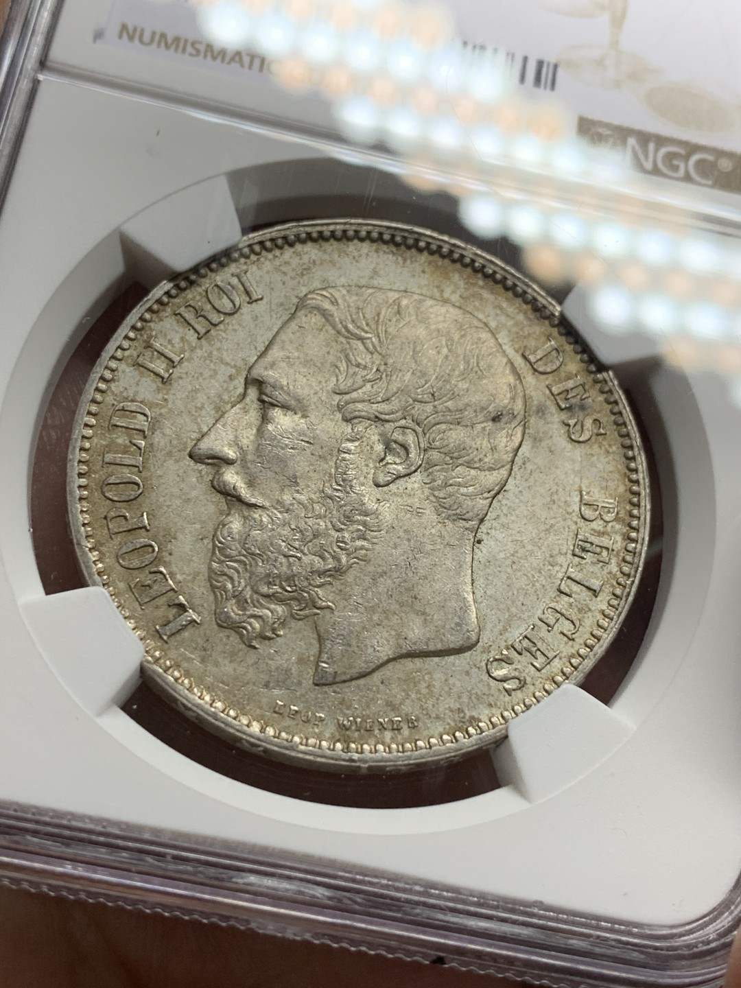 《竞宝斋》第115场-周日，周一 ，2场连拍（全场包邮） NGC-AU58 比利时1873年 利奥波德二世 5法郎大银币 原味老包浆