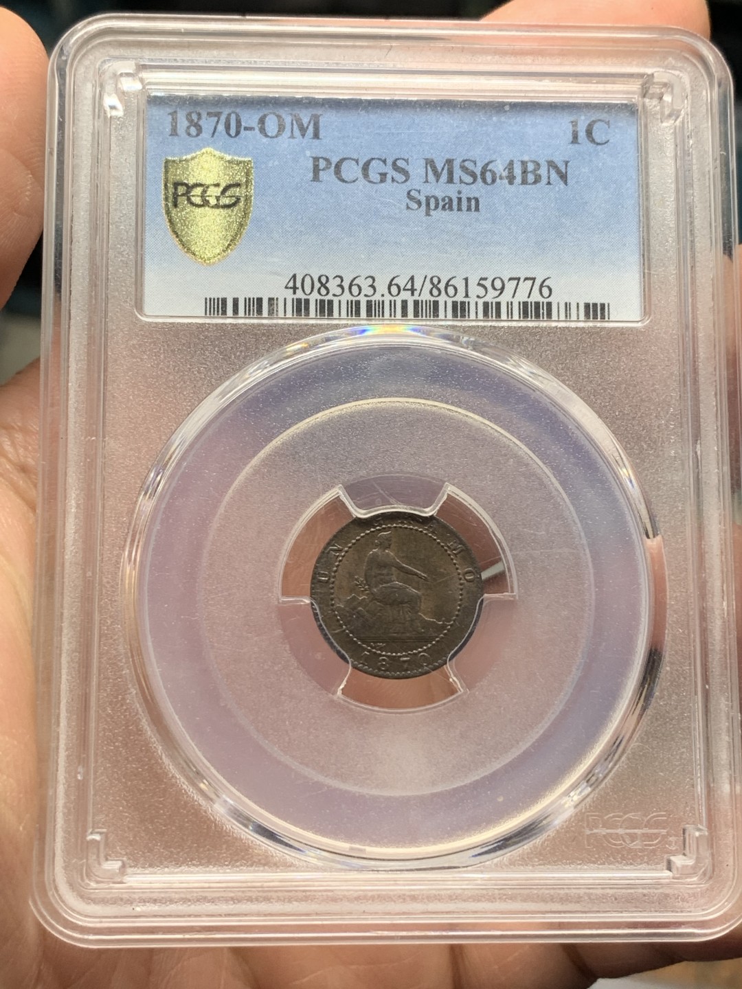 《竞宝斋》第115场-周日，周一 ，2场连拍（全场包邮） PCGS MS64BN 西班牙 1870年 坐人 狮子 1C 铜币 细节慢慢 状态极好