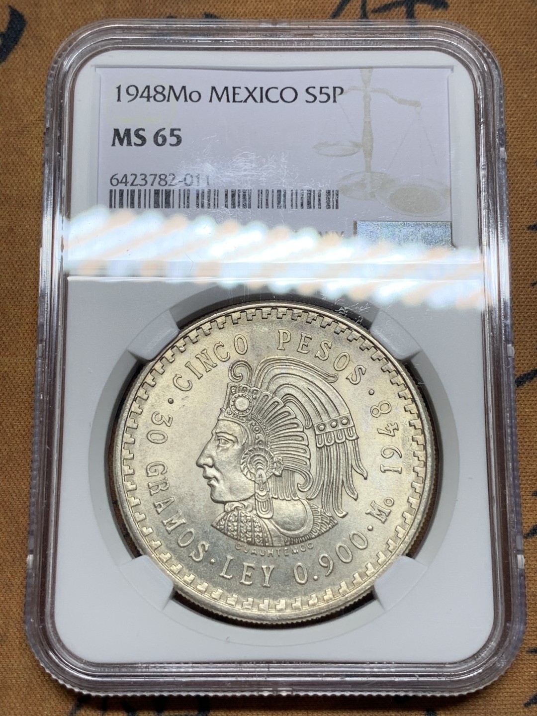 《竞宝斋》第115场-周日，周一 ，2场连拍（全场包邮） NGC-MS65 墨西哥1948年 印第安人5比索大银币 顶级好品