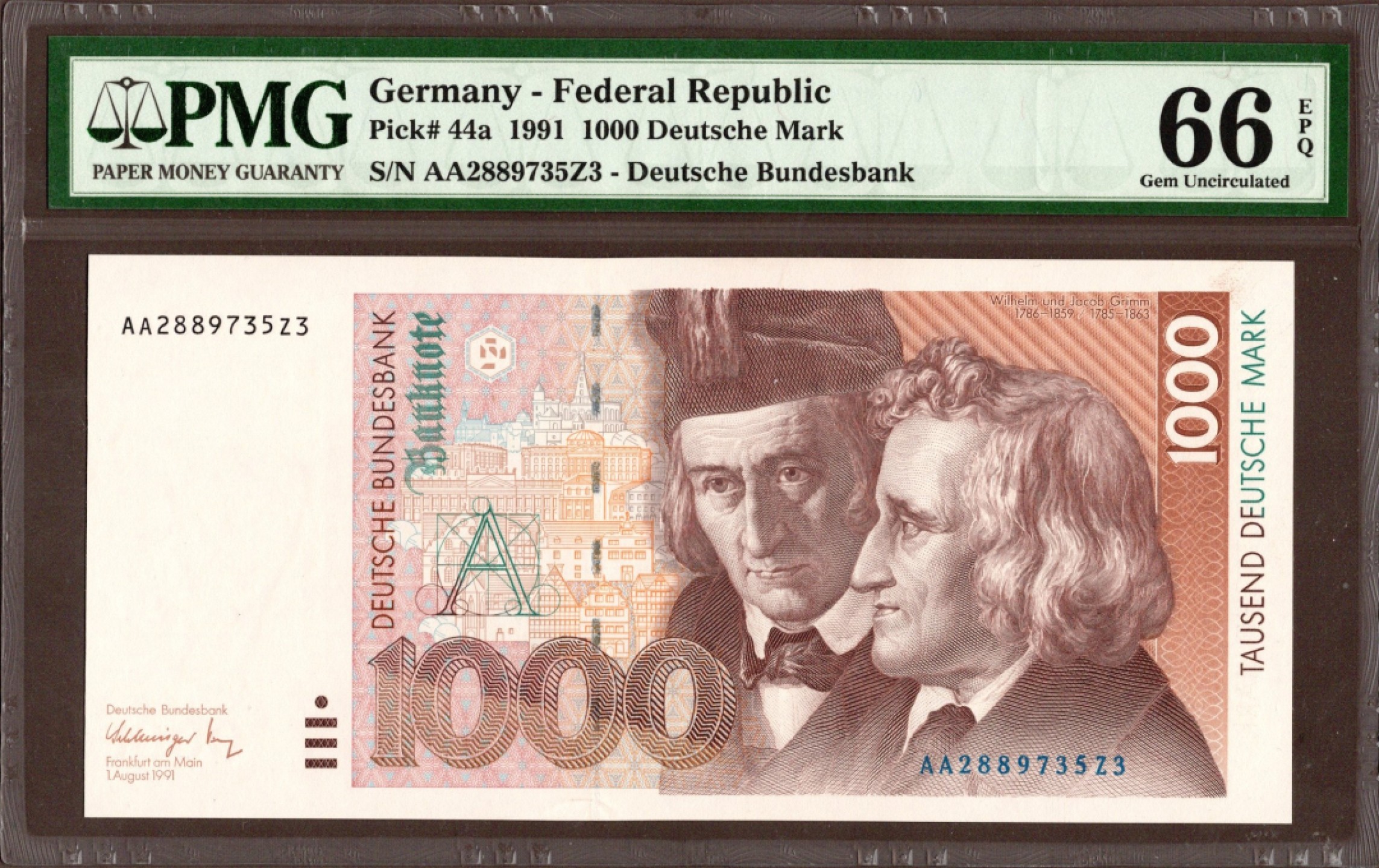 收藏联盟Quantum Auction 第209期拍卖 德国联邦1991年1000马克 PMG66 AA冠 童话大师格林兄弟