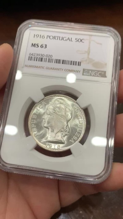 《竞宝斋》第115场-周日，周一 ，2场连拍（全场包邮） NGC-MS63 葡萄牙1916年 自由女神头像 50分银币 原光好品