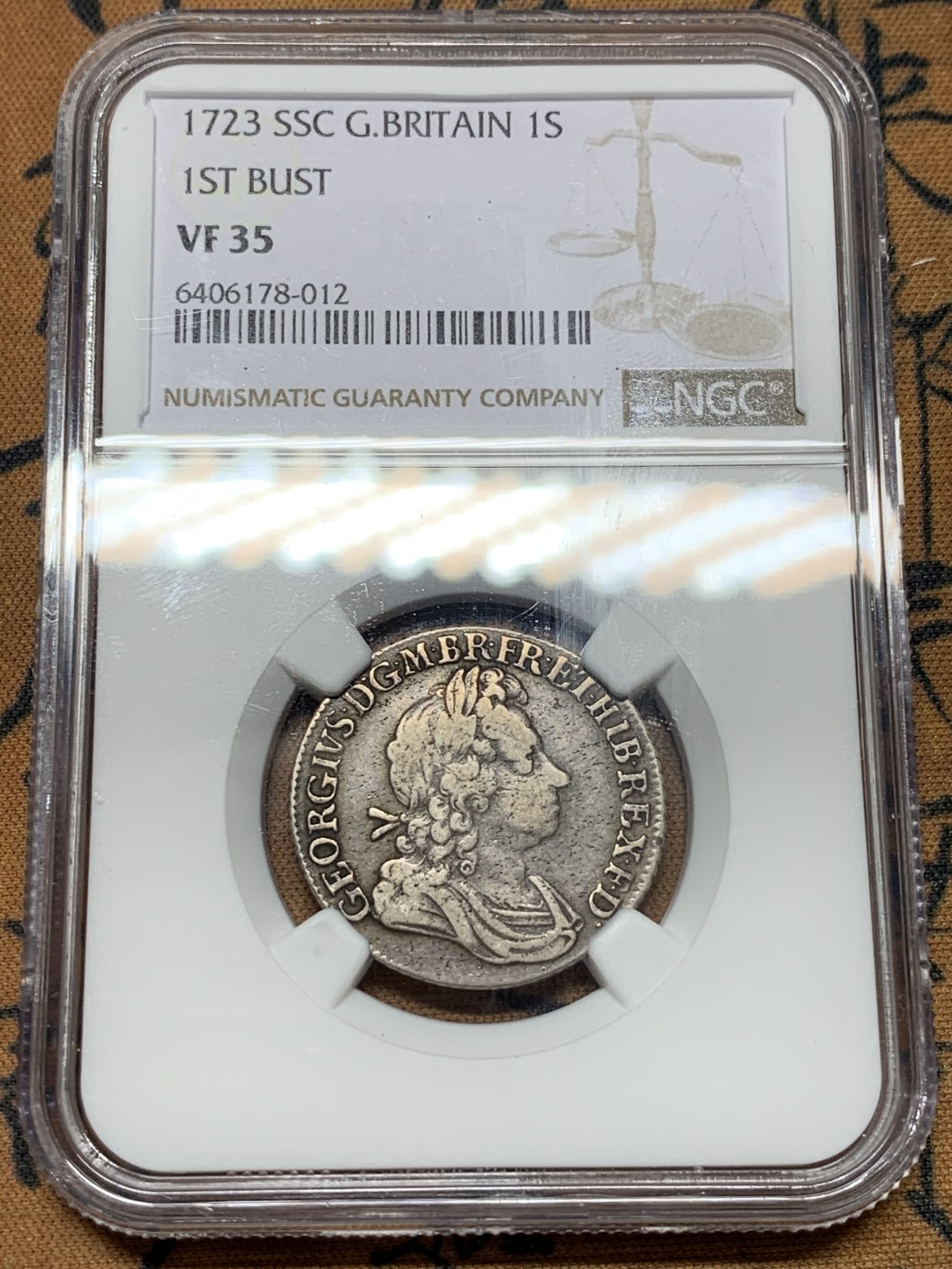 《竞宝斋》第115场-周日，周一 ，2场连拍（全场包邮） NGC VF35 英国 1723 乔治一世1先令 银币 少见品种 有分更难