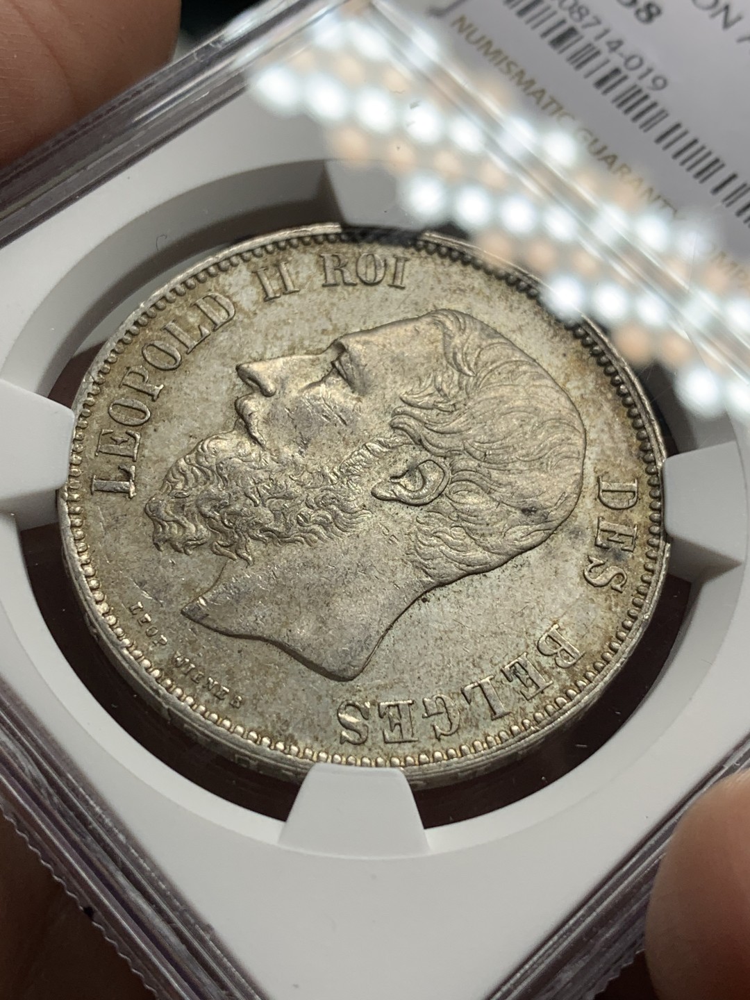 《竞宝斋》第115场-周日，周一 ，2场连拍（全场包邮） NGC-AU58 比利时1873年 利奥波德二世 5法郎大银币 原味老包浆