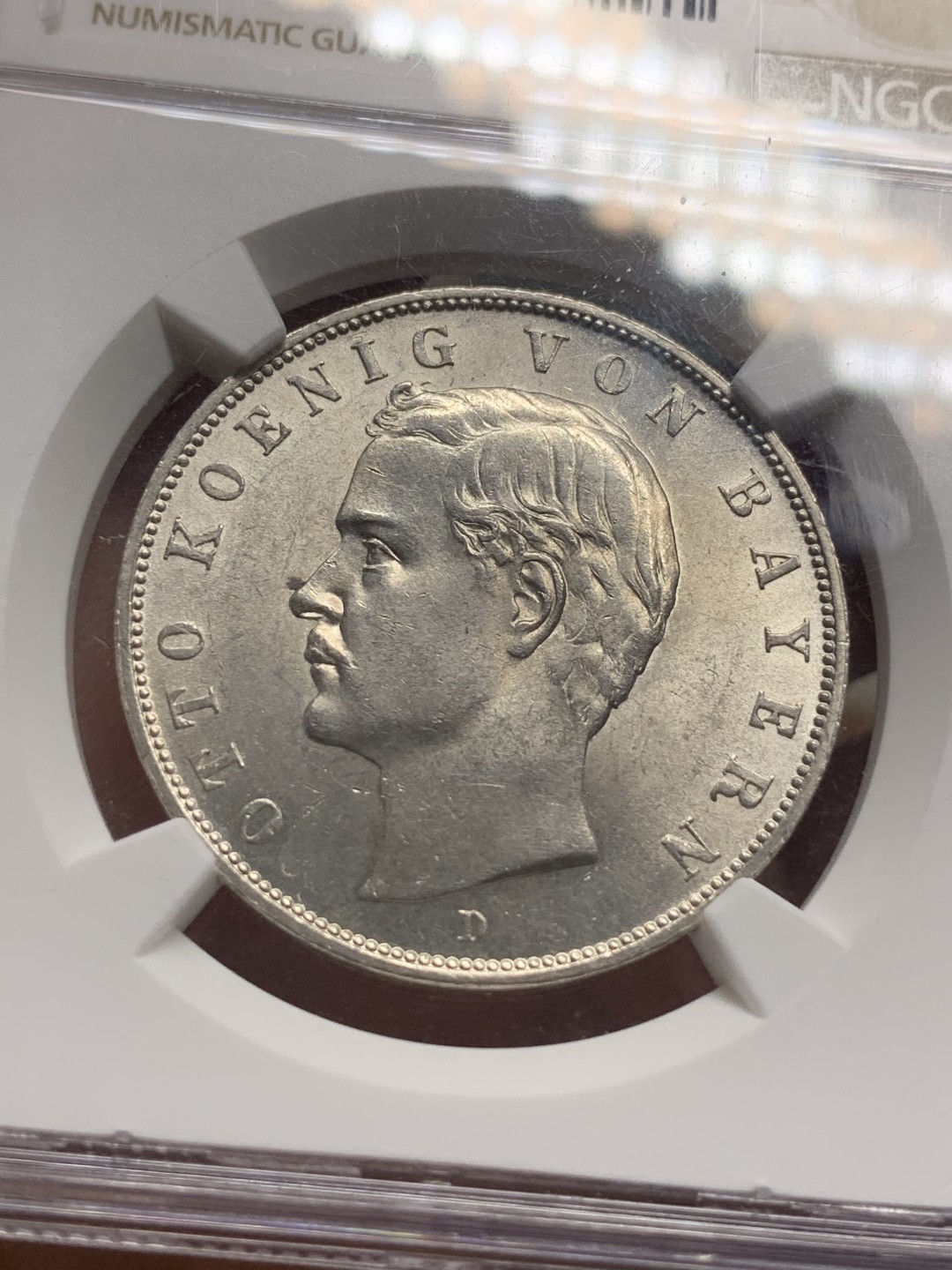 《竞宝斋》第115场-周日，周一 ，2场连拍（全场包邮） NGC-MS62 1908年巴伐利亚流通3马克银币，奥托国王像。原色银光，状态极佳。此版流通充分，高分较摄政王版少很多