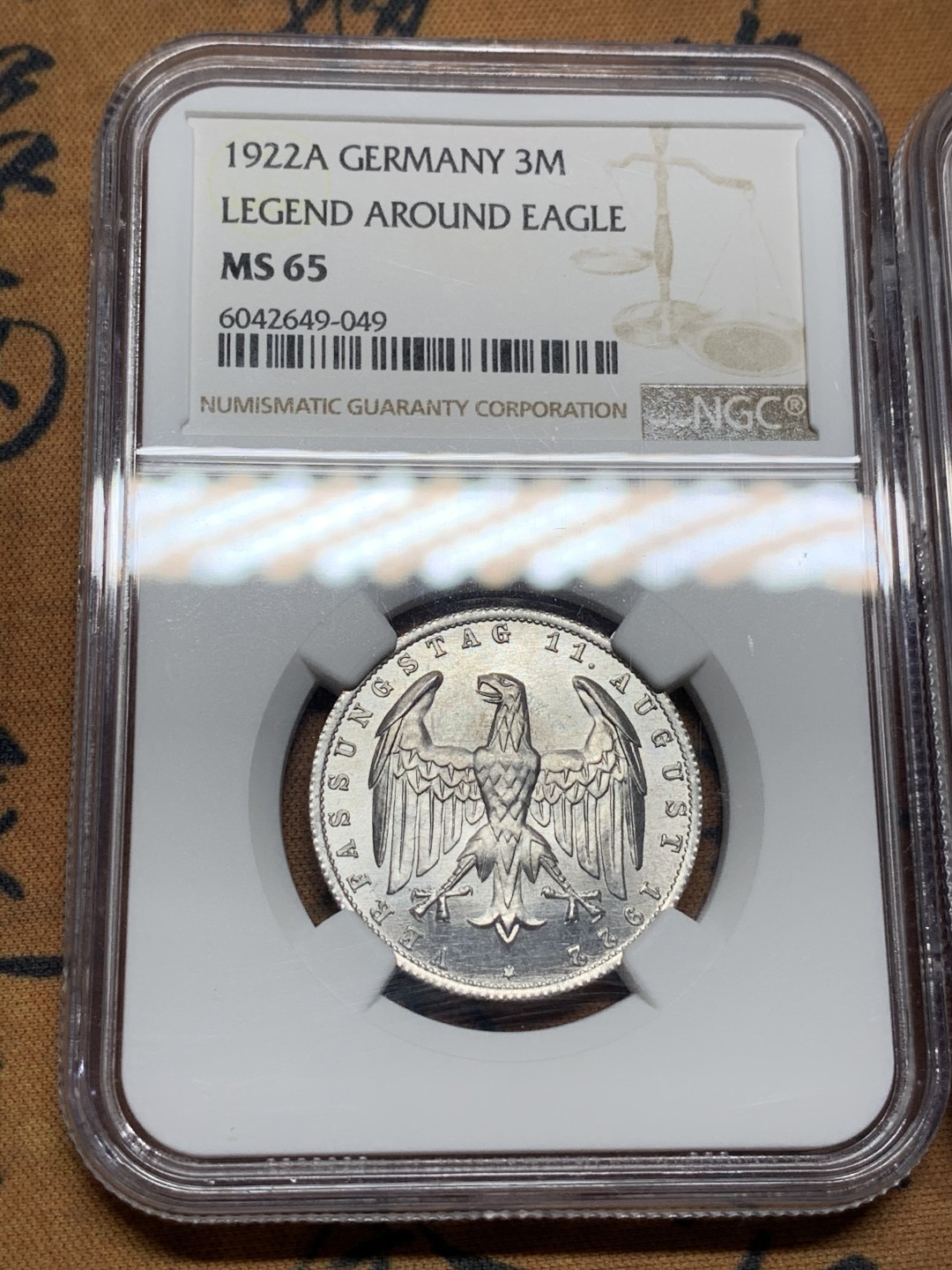 《竞宝斋》第115场-周日，周一 ，2场连拍（全场包邮） NGC-MS64/65 德国 1922年A版3马克铝币一对，不同版别，一次收集