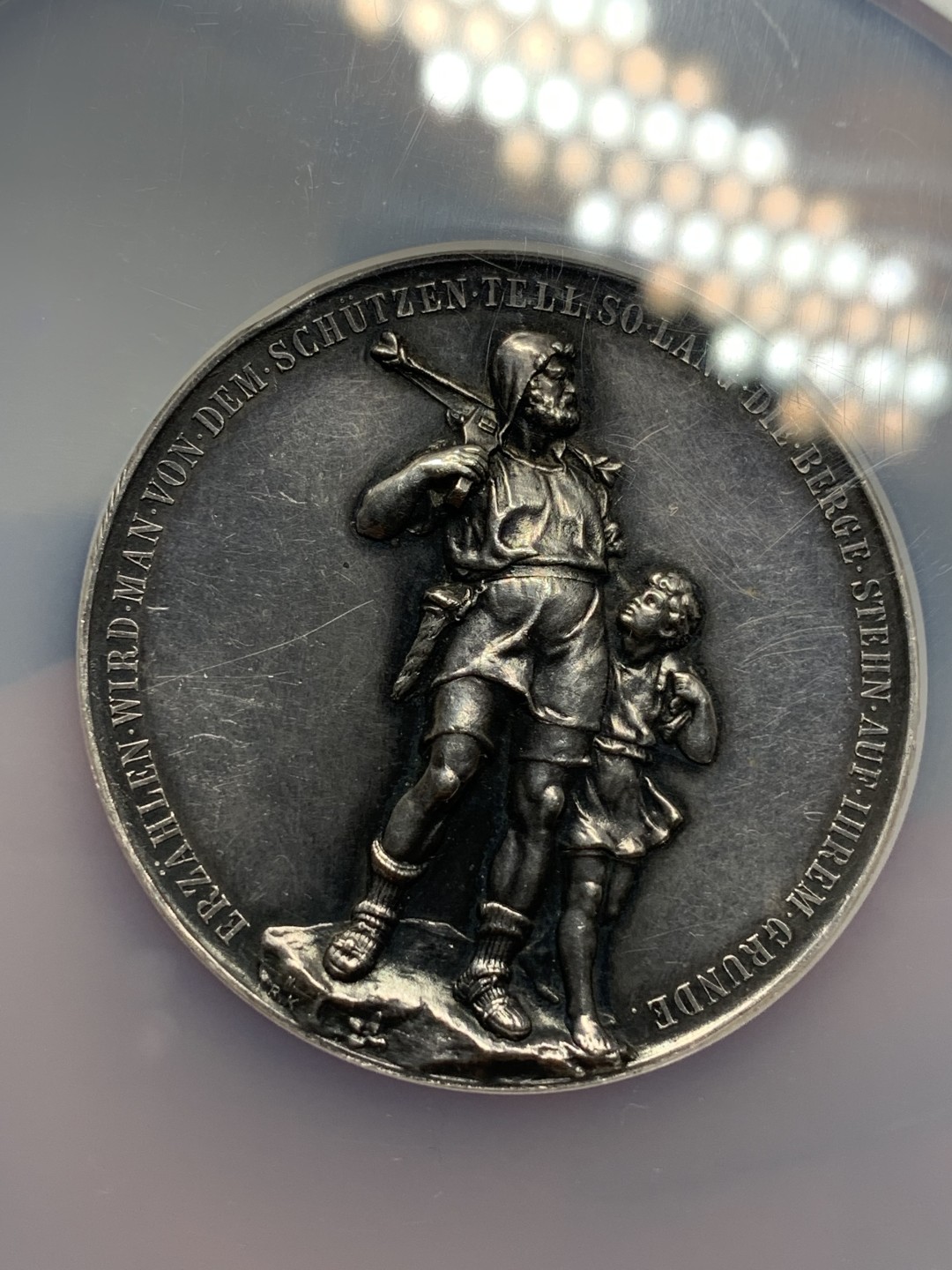 《竞宝斋》第115场-周日，周一 ，2场连拍（全场包邮） NGC UNC 1895年瑞士乌里州射击节大银章，50MM，厚重高浮雕，NGC大盒子,少见品种