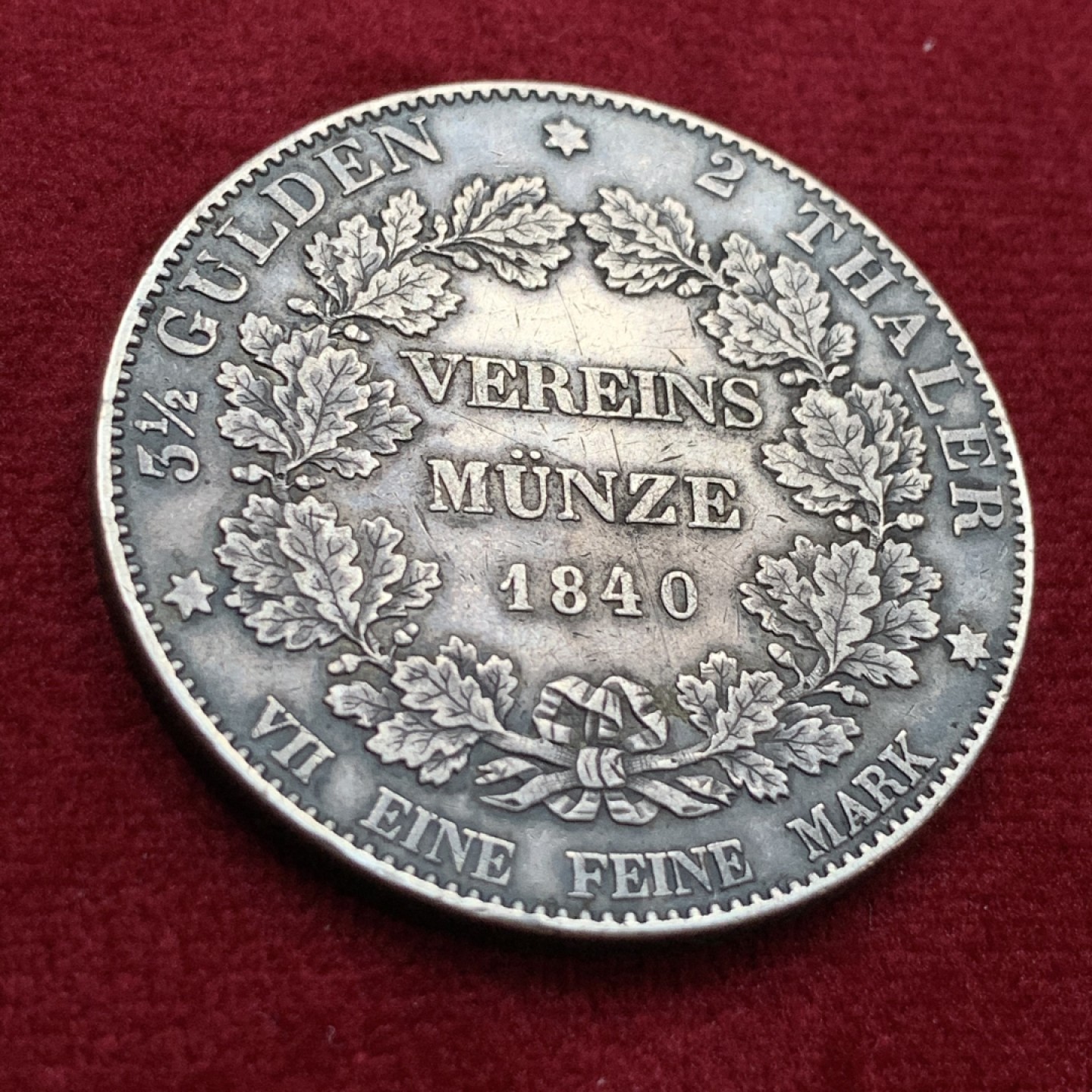 《竞宝斋》第115场-周日，周一 ，2场连拍（全场包邮） 1840年 德国 黑森达姆施塔特2泰勒 银币 37克大银币 细节非常不错