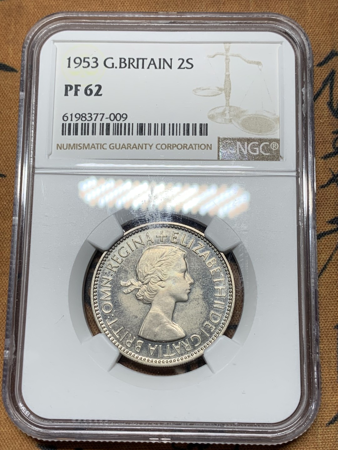 《竞宝斋》第115场-周日，周一 ，2场连拍（全场包邮） NGC PF62 1953英国伊丽莎白加冕首年精制弗洛林（2先令）盒子有鼓