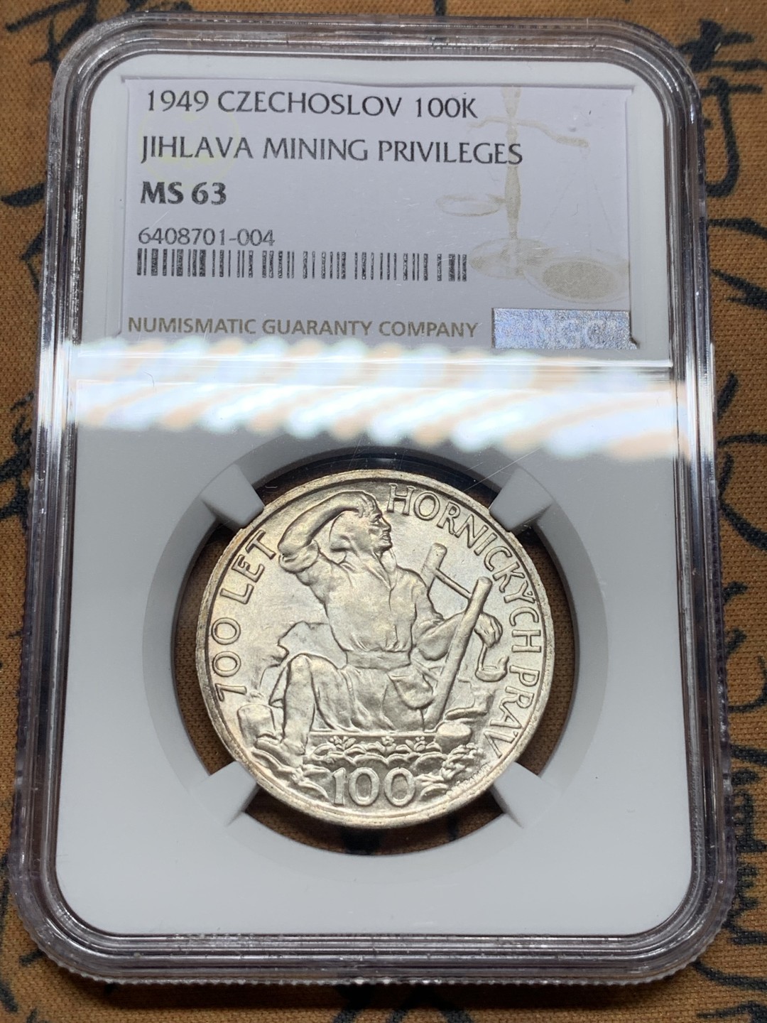 《竞宝斋》第115场-周日，周一 ，2场连拍（全场包邮） NGC-MS63 捷克 1949年 矿业纪念 100克朗银币 少见品种